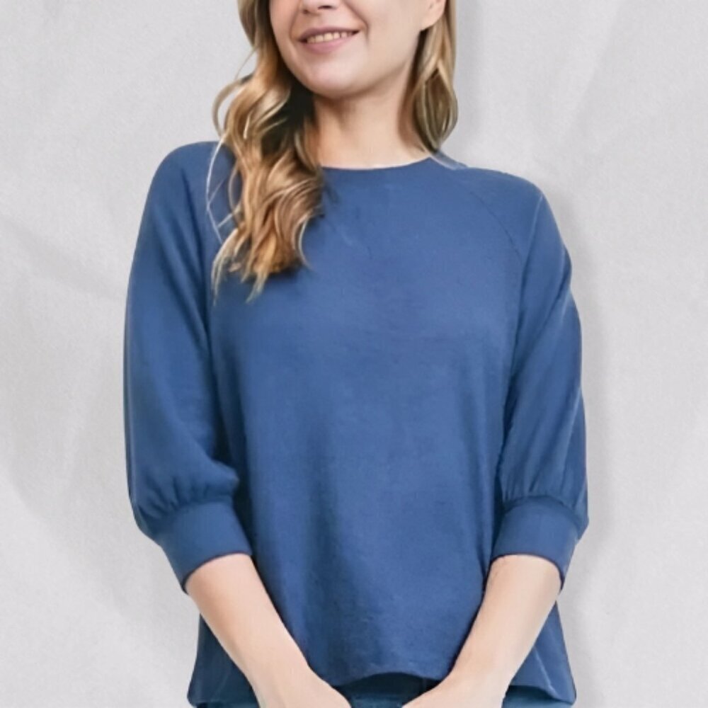 Tresics Blouse Round Neck Mid Length Sleeve Tie Back Ribbed Cuff Blue W S/M NWOT